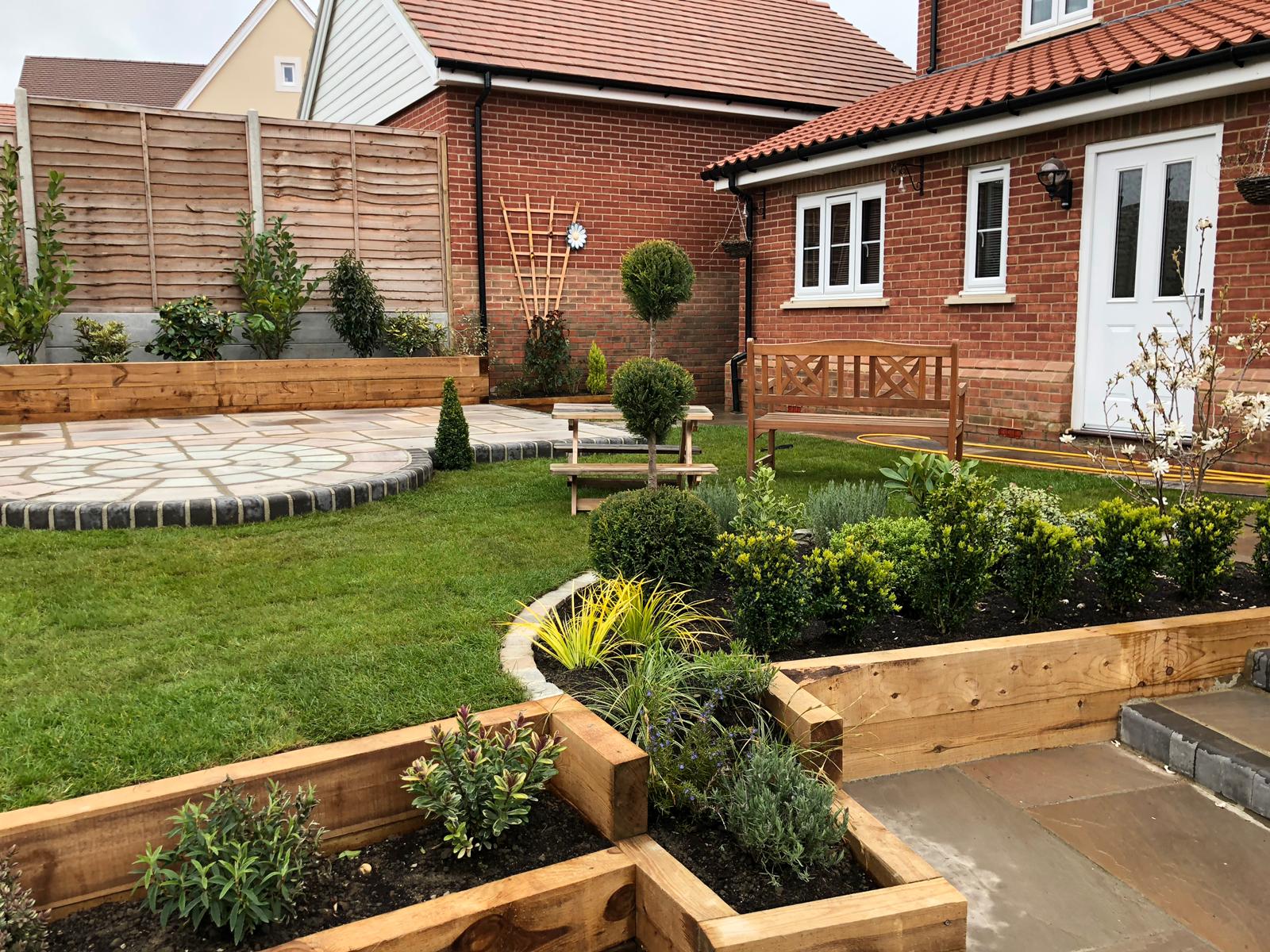 Landscaped garden with patio and lawn